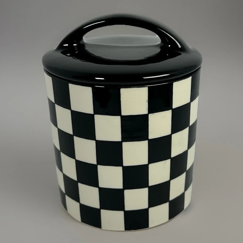 Potter's Studio Black White Checkered Cookie Jar‎ Ceramic Canister W Lid NEW